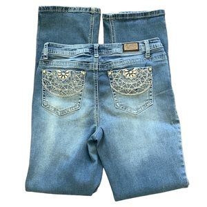 VINTAGE EARL WOMENS DENIM JEANS SLIM BOOTCUT EMBROIDERED POCKETS STRETCH SIZE 6